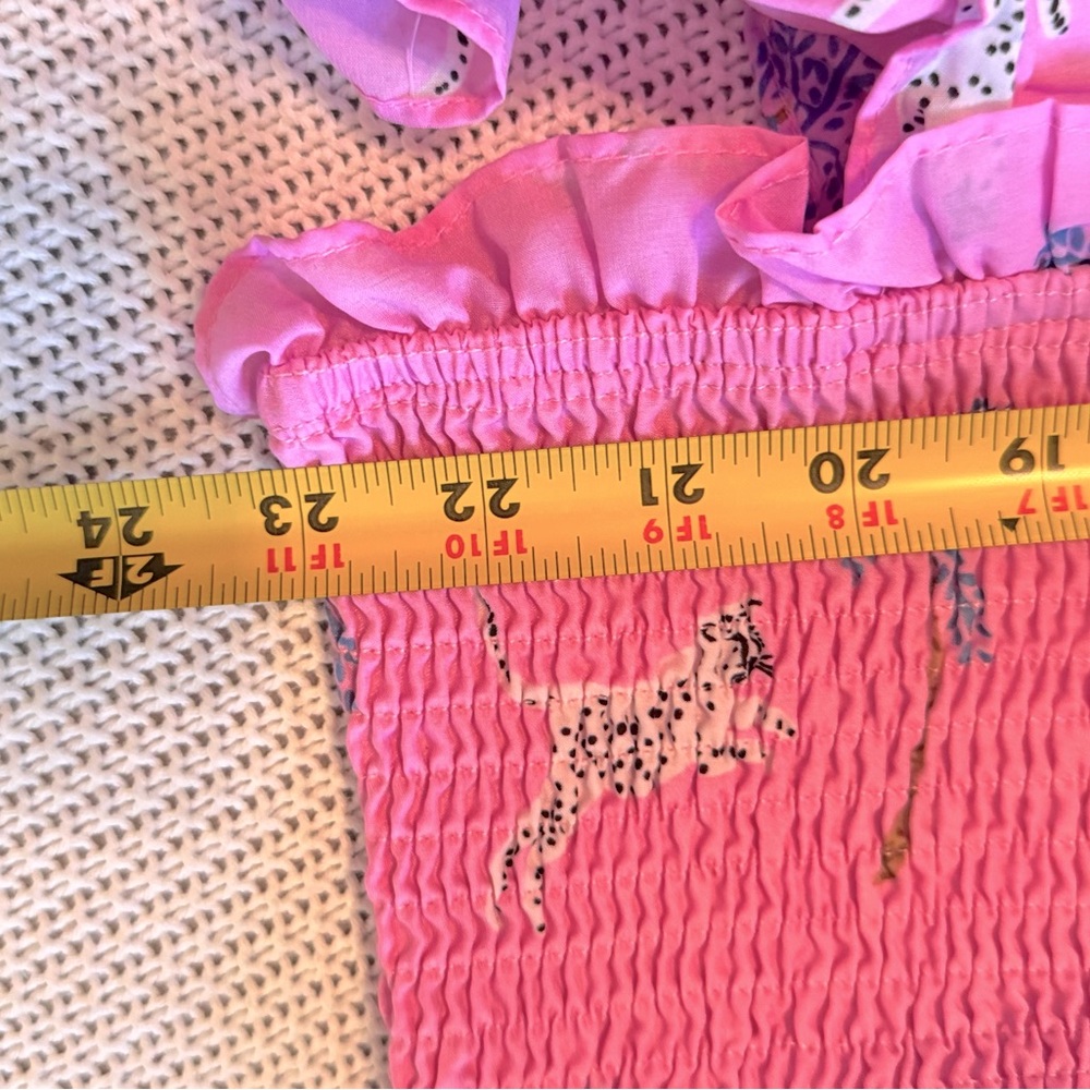 J. MARIE Remi Ruched Smocked Pink & Purple Leopard Palm Tree Ruffle Top Blouse - Picture 14 of 15